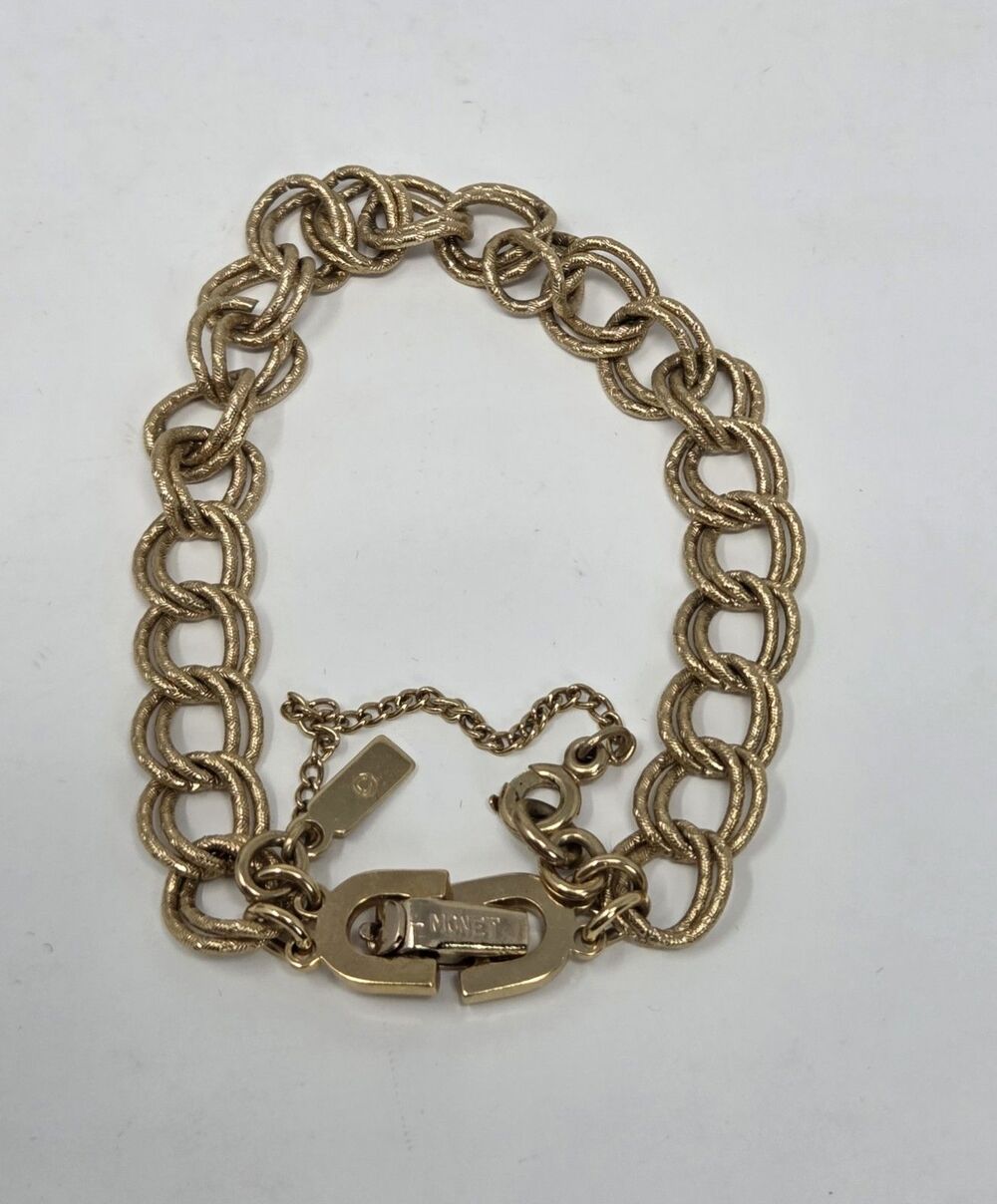 Monet Vintage Gold Tone Double Link Textured Chain Bracelet Safety Chain 7" - Picture 3 of 7